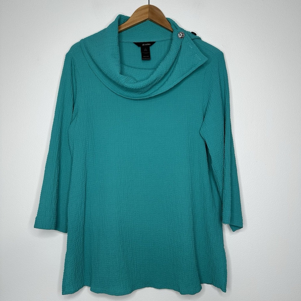 Ali Miles Cowl Neck Tunic Top Womens Size L Turquoise Blue Lagenlook Spring Boho